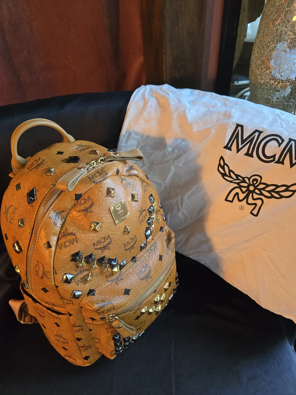 MCM Cognac Visetos Studded Mini Backpack
